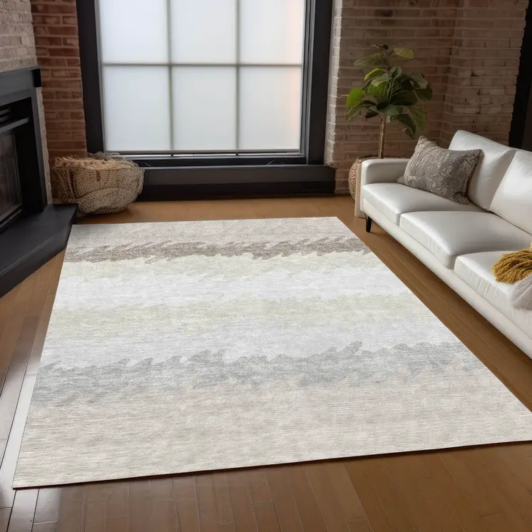 9' X 12' Ivory Beige And Taupe Striped Washable Indoor Outdoor Area Rug