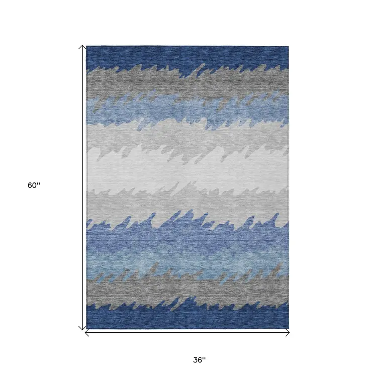 3' X 5' Navy Blue Gray And Silver Striped Washable Indoor Outdoor Area Rug