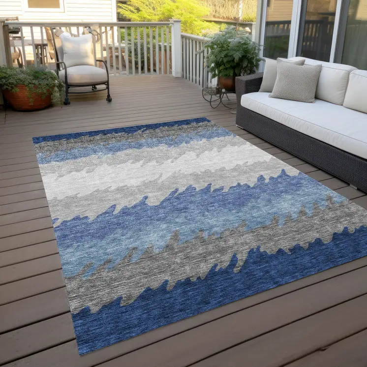 3' X 5' Navy Blue Gray And Silver Striped Washable Indoor Outdoor Area Rug