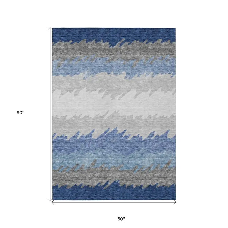 5' X 8' Navy Blue Gray And Silver Striped Washable Indoor Outdoor Area Rug