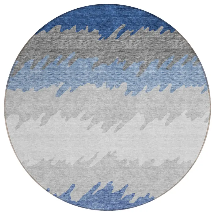 8' Navy Blue Gray And Silver Round Striped Washable Indoor Outdoor Area Rug