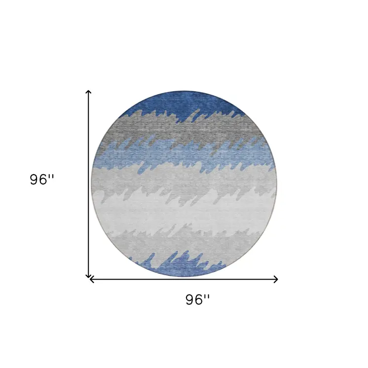 8' Navy Blue Gray And Silver Round Striped Washable Indoor Outdoor Area Rug