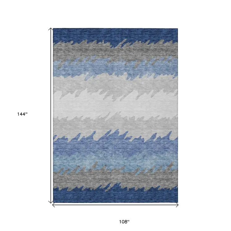 9' X 12' Navy Blue Gray And Silver Striped Washable Indoor Outdoor Area Rug