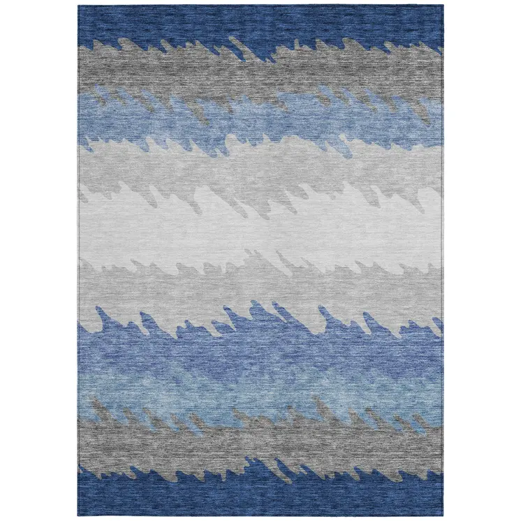 10' X 14' Navy Blue Gray And Silver Striped Washable Indoor Outdoor Area Rug
