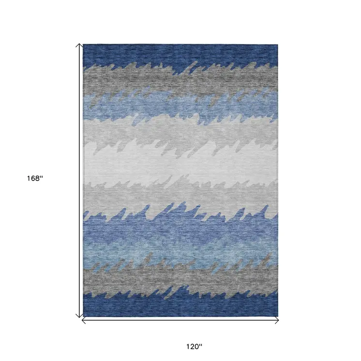 10' X 14' Navy Blue Gray And Silver Striped Washable Indoor Outdoor Area Rug