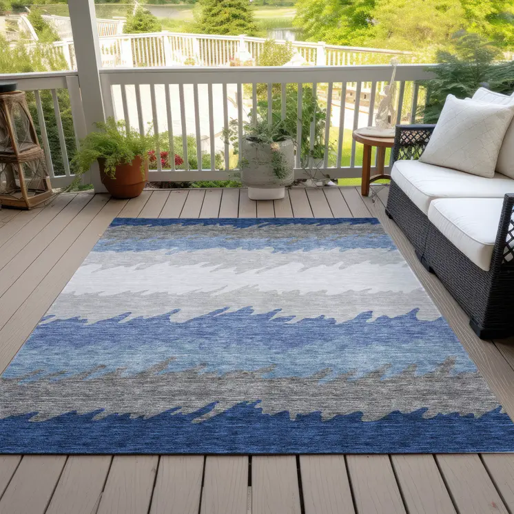 10' X 14' Navy Blue Gray And Silver Striped Washable Indoor Outdoor Area Rug