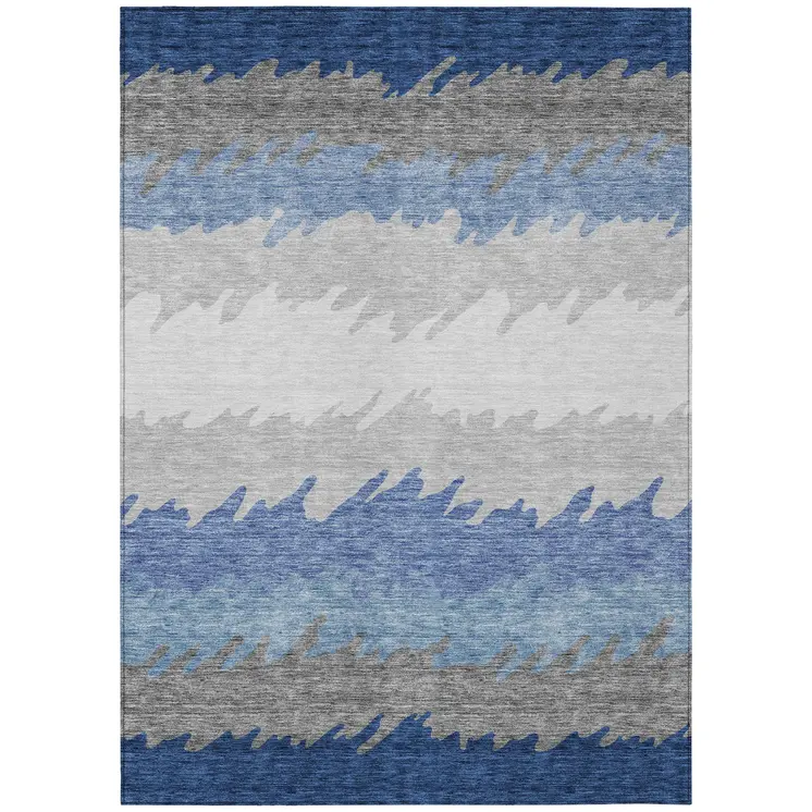 10' X 14' Navy Blue Gray And Silver Striped Washable Indoor Outdoor Area Rug