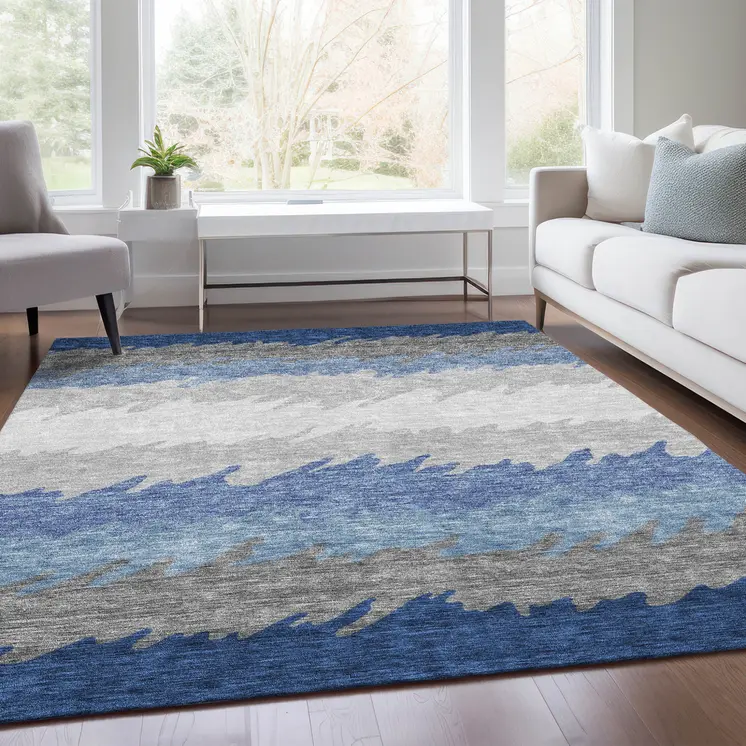 10' X 14' Navy Blue Gray And Silver Striped Washable Indoor Outdoor Area Rug