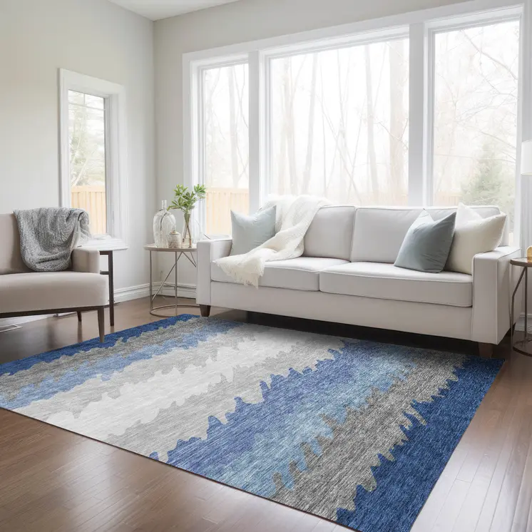 10' X 14' Navy Blue Gray And Silver Striped Washable Indoor Outdoor Area Rug
