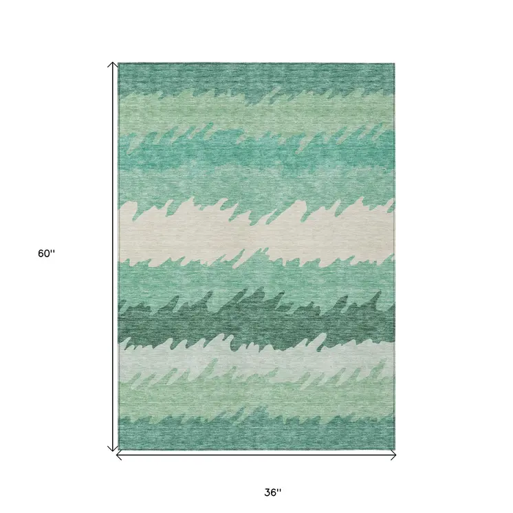 3' X 5' Sage Green And Ivory Striped Washable Indoor Outdoor Area Rug