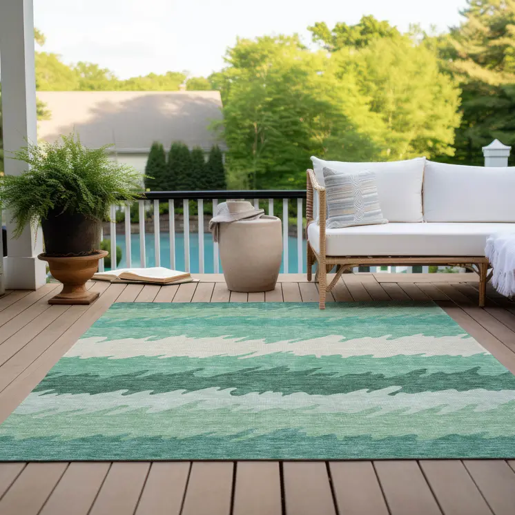 5' X 8' Sage Green And Ivory Striped Washable Indoor Outdoor Area Rug