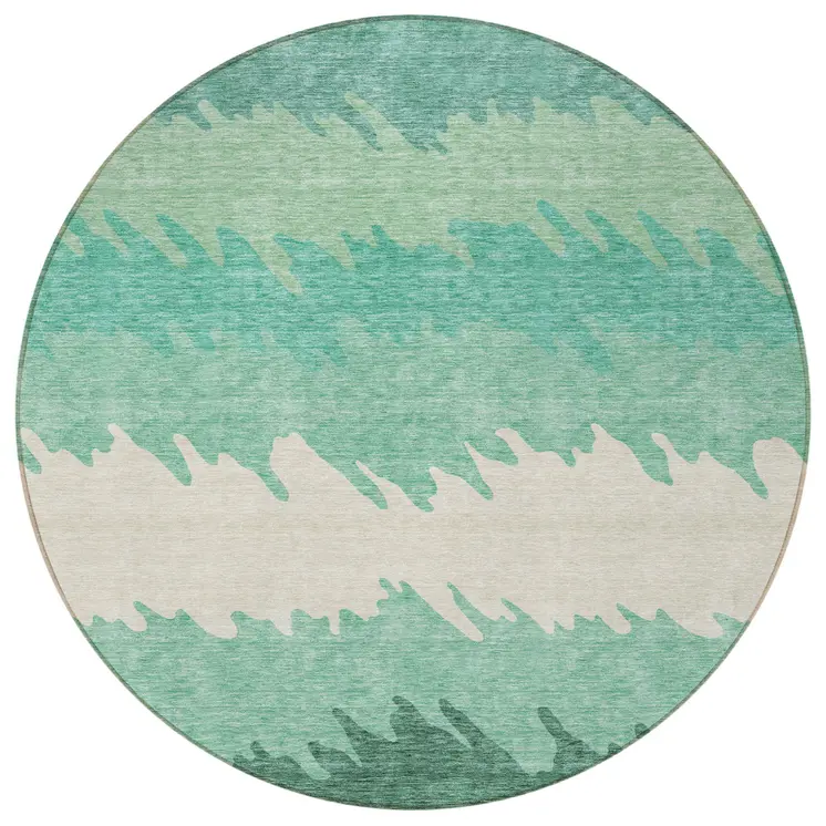 8' Sage Green And Ivory Round Striped Washable Indoor Outdoor Area Rug