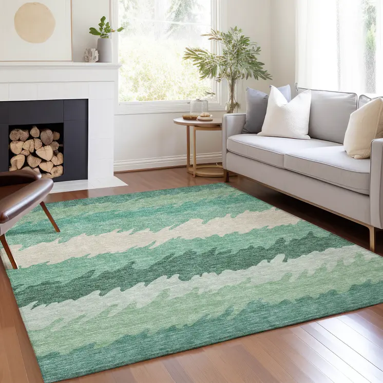 10' X 14' Sage Green And Ivory Striped Washable Indoor Outdoor Area Rug