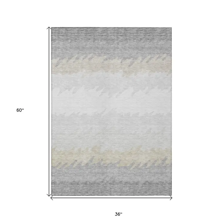 3' X 5' Silver Gray And Beige Striped Washable Indoor Outdoor Area Rug
