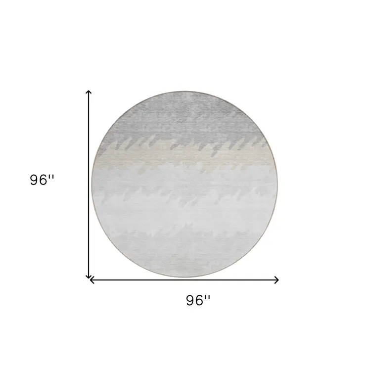 8' Silver Gray And Beige Round Striped Washable Indoor Outdoor Area Rug