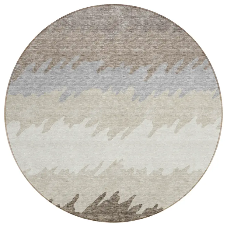 8' Taupe Brown And Gray Round Striped Washable Indoor Outdoor Area Rug