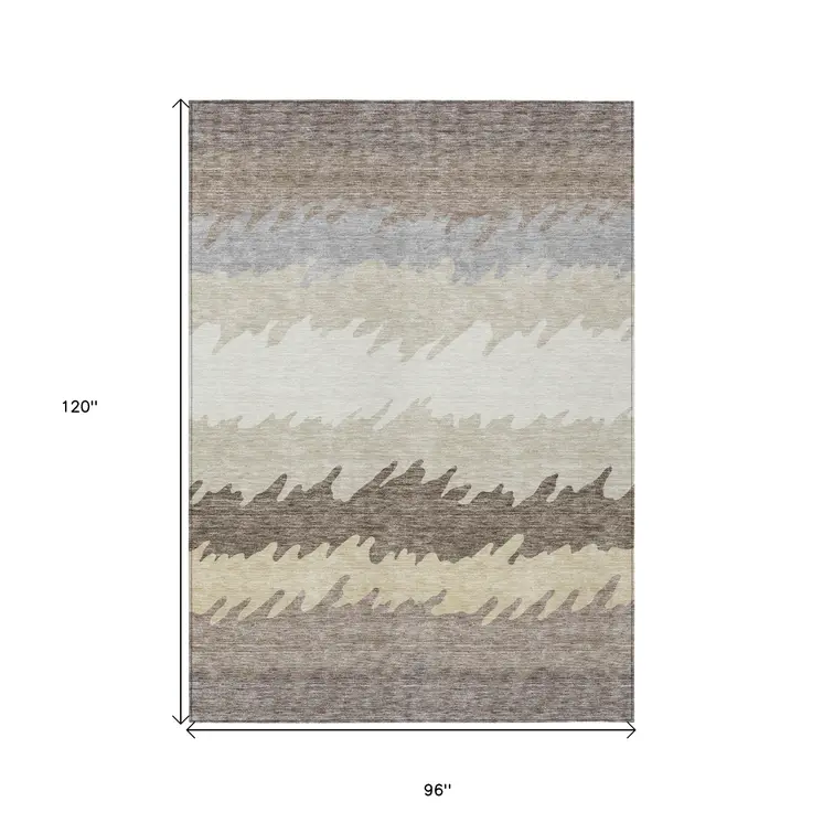 8' X 10' Taupe Brown And Gray Striped Washable Indoor Outdoor Area Rug