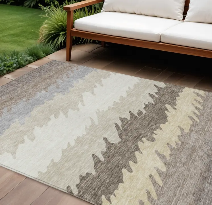8' X 10' Taupe Brown And Gray Striped Washable Indoor Outdoor Area Rug