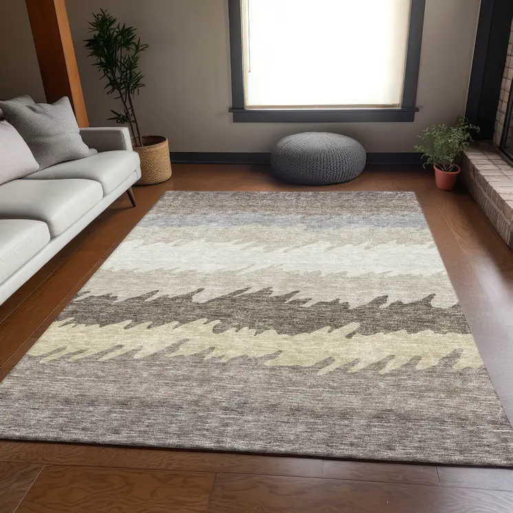 8' X 10' Taupe Brown And Gray Striped Washable Indoor Outdoor Area Rug