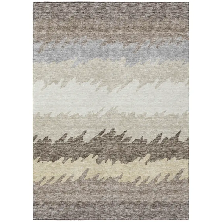 9' X 12' Taupe Brown And Gray Striped Washable Indoor Outdoor Area Rug
