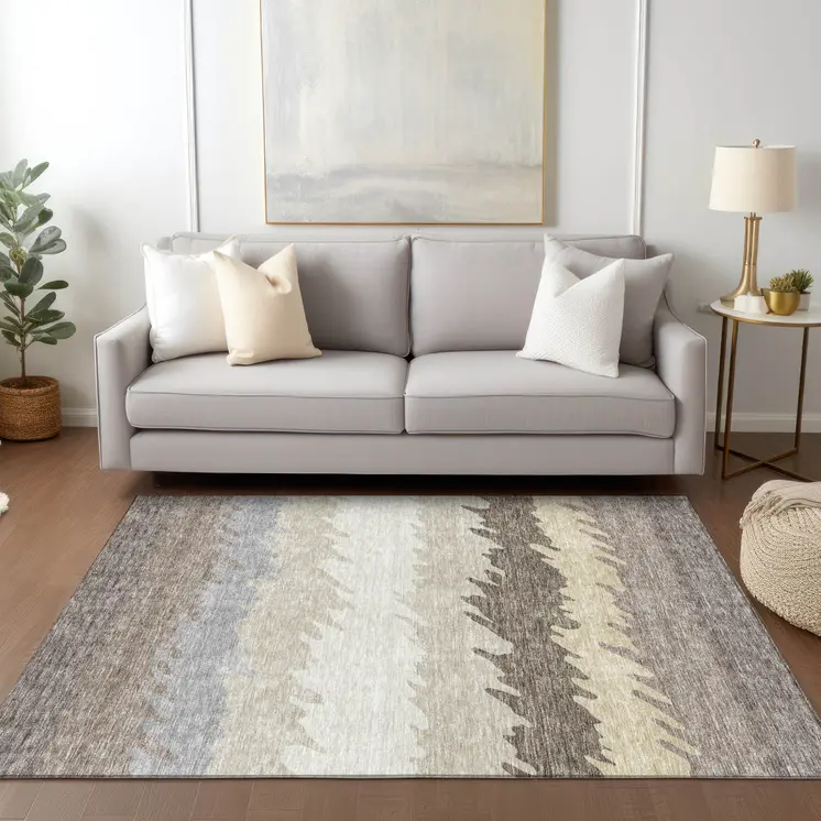 10' X 14' Taupe Brown And Gray Striped Washable Indoor Outdoor Area Rug