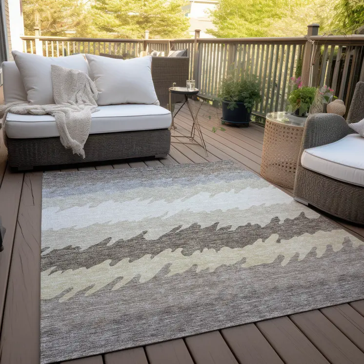 10' X 14' Taupe Brown And Gray Striped Washable Indoor Outdoor Area Rug