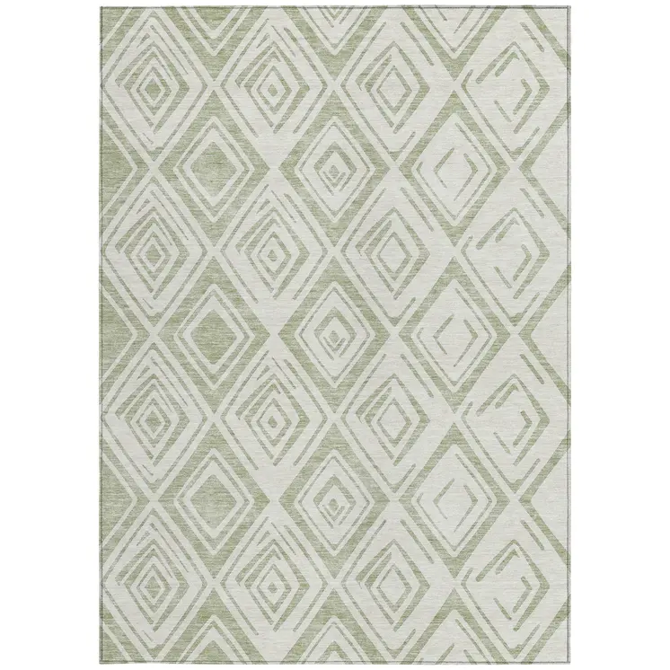 3' X 5' Artichoke Green And Ivory Geometric Washable Indoor Outdoor Area Rug