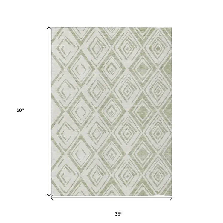 3' X 5' Artichoke Green And Ivory Geometric Washable Indoor Outdoor Area Rug