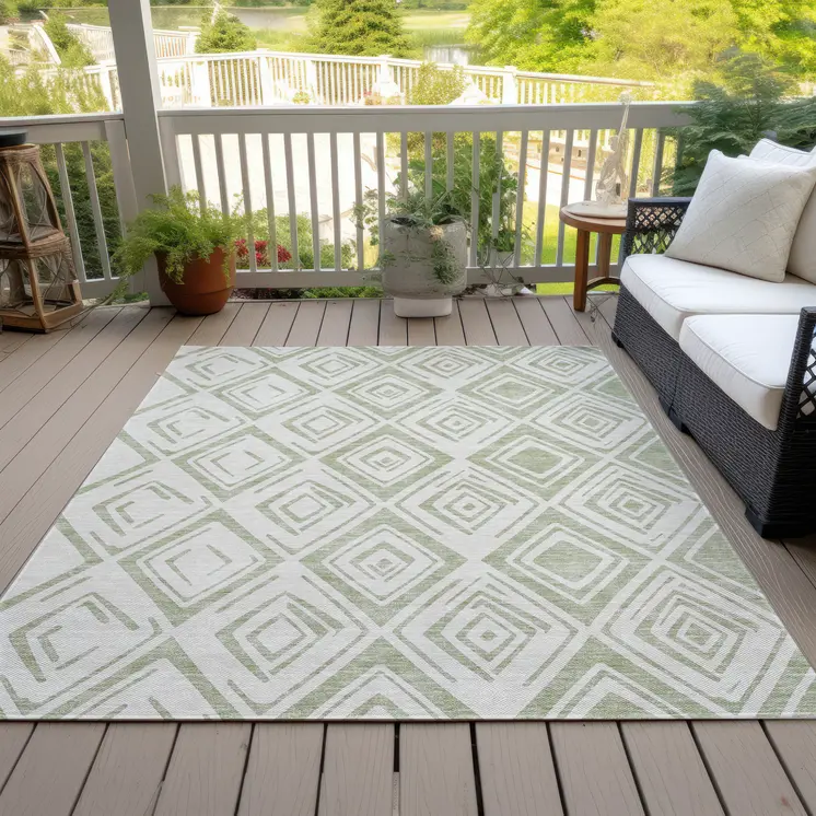 3' X 5' Artichoke Green And Ivory Geometric Washable Indoor Outdoor Area Rug