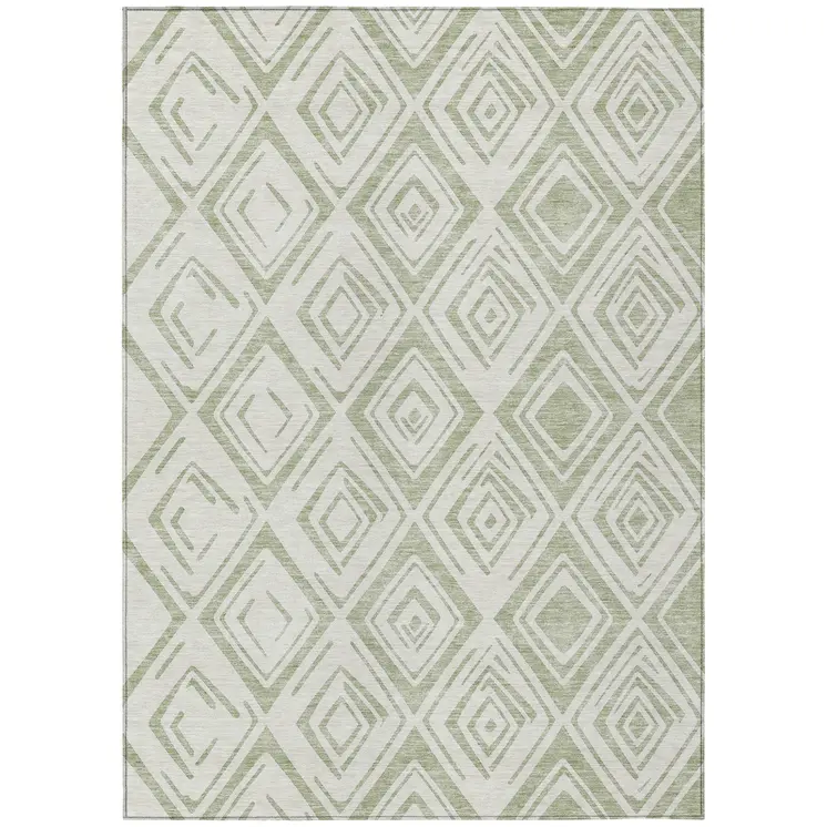 3' X 5' Artichoke Green And Ivory Geometric Washable Indoor Outdoor Area Rug