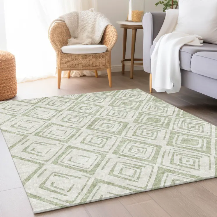 3' X 5' Artichoke Green And Ivory Geometric Washable Indoor Outdoor Area Rug