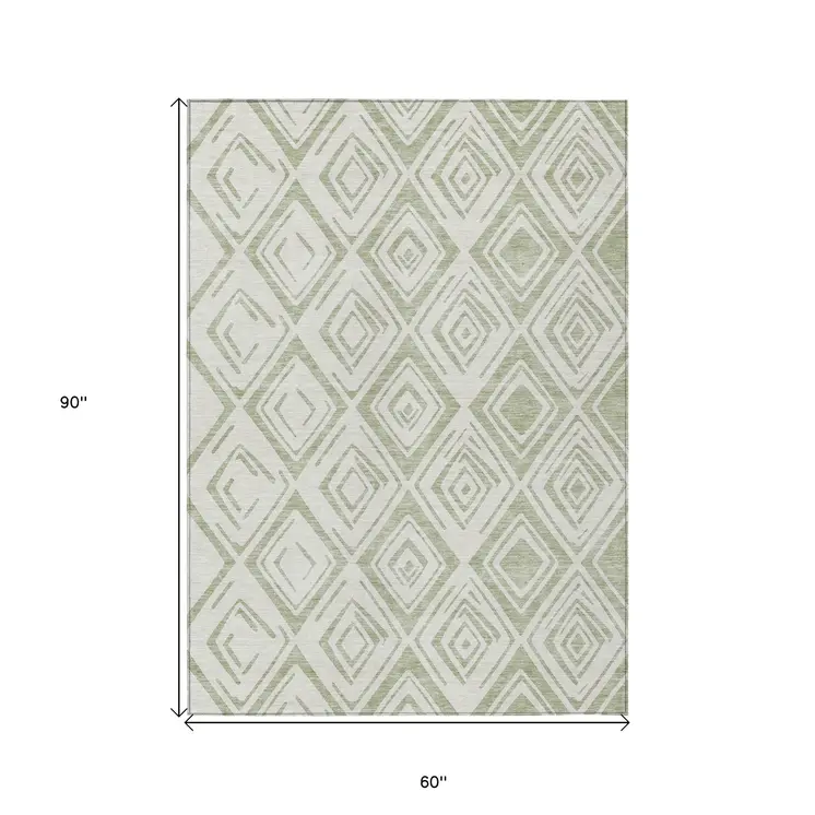 5' X 8' Artichoke Green And Ivory Geometric Washable Indoor Outdoor Area Rug