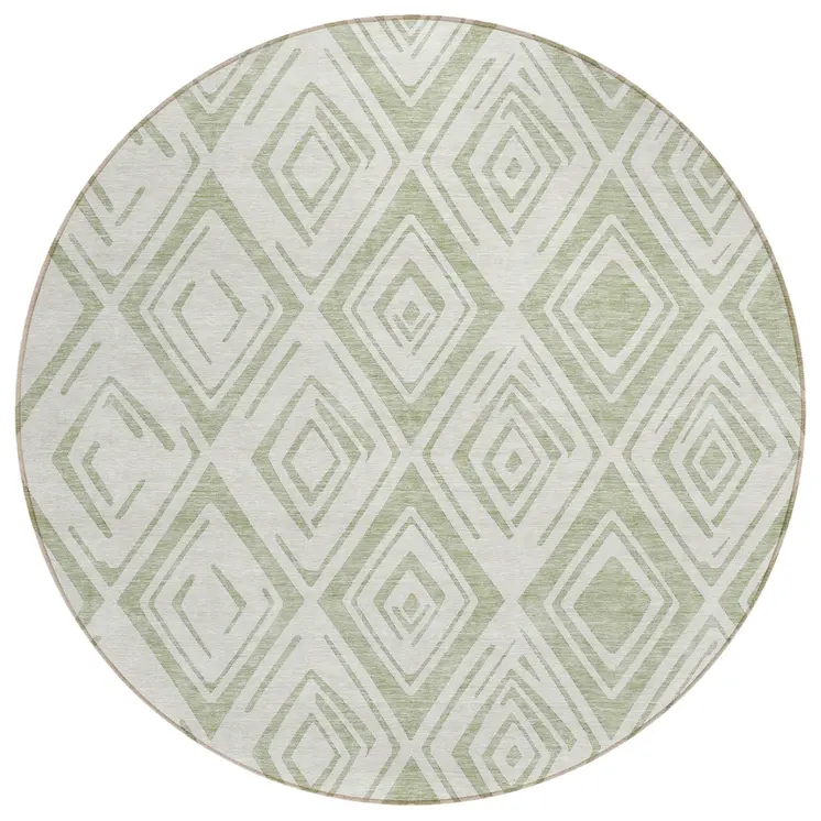 8' Artichoke Green And Ivory Round Geometric Washable Indoor Outdoor Area Rug