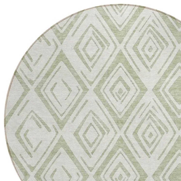 8' Artichoke Green And Ivory Round Geometric Washable Indoor Outdoor Area Rug