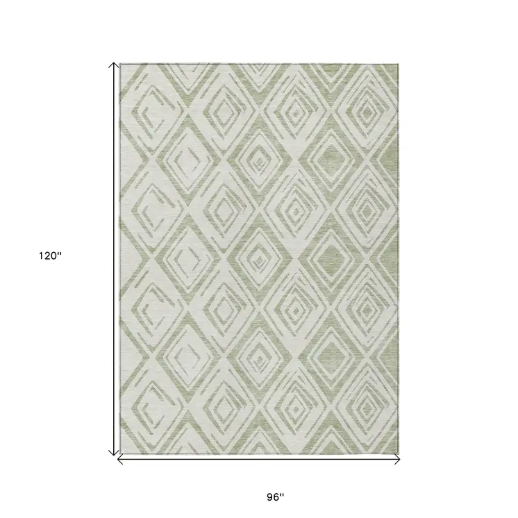 8' X 10' Artichoke Green And Ivory Geometric Washable Indoor Outdoor Area Rug