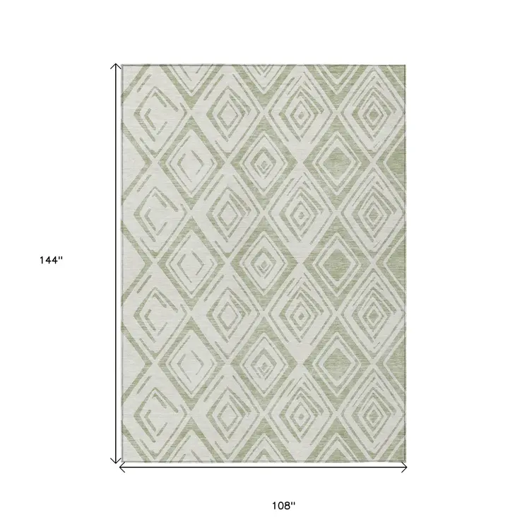 9' X 12' Artichoke Green And Ivory Geometric Washable Indoor Outdoor Area Rug