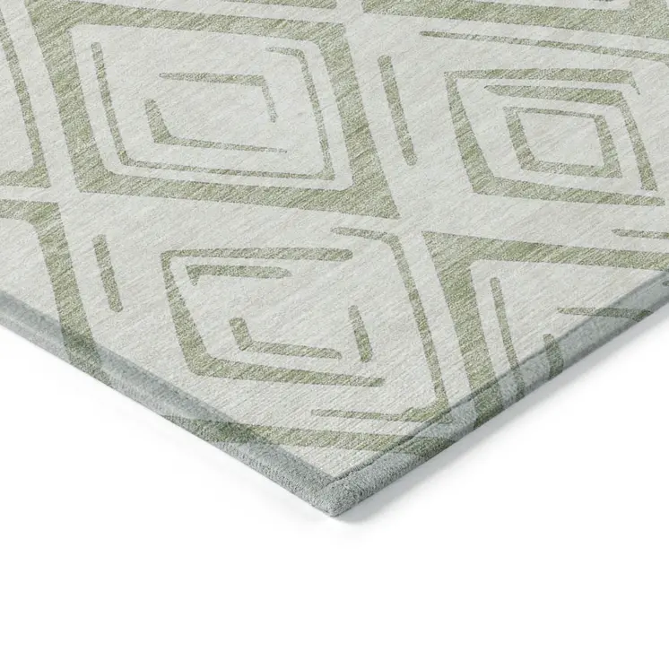 10' X 14' Artichoke Green And Ivory Geometric Washable Indoor Outdoor Area Rug