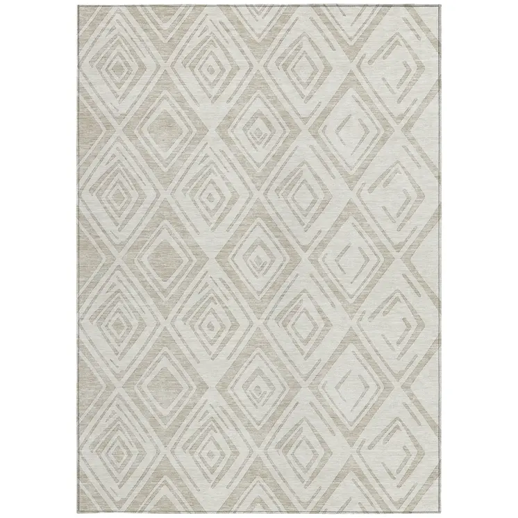 3' X 5' Beige And Ivory Geometric Washable Indoor Outdoor Area Rug