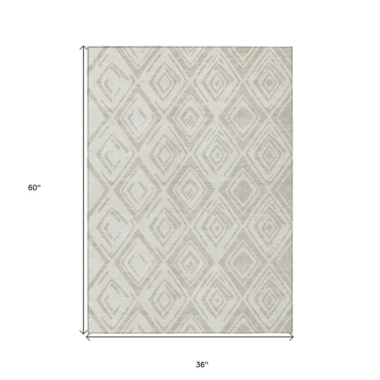 3' X 5' Beige And Ivory Geometric Washable Indoor Outdoor Area Rug