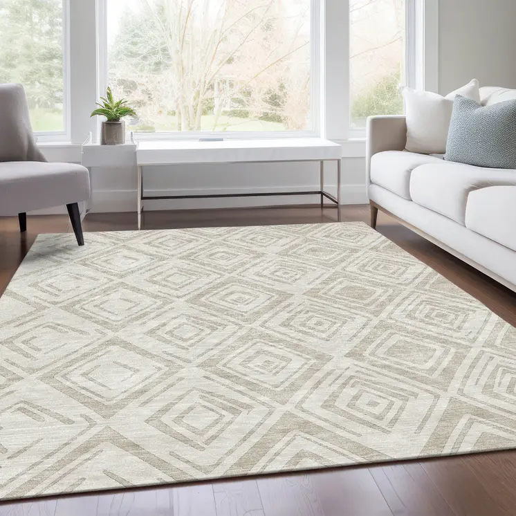 3' X 5' Beige And Ivory Geometric Washable Indoor Outdoor Area Rug