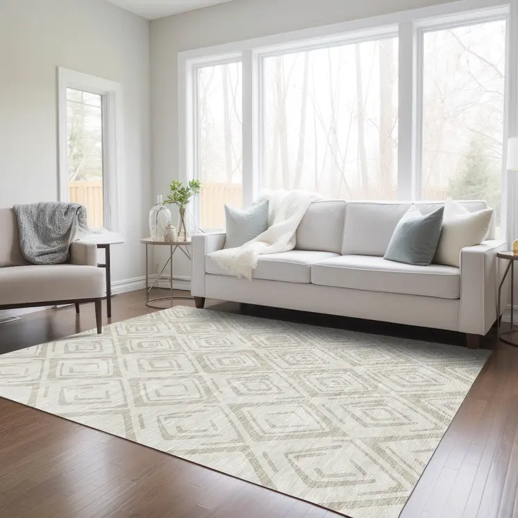 3' X 5' Beige And Ivory Geometric Washable Indoor Outdoor Area Rug
