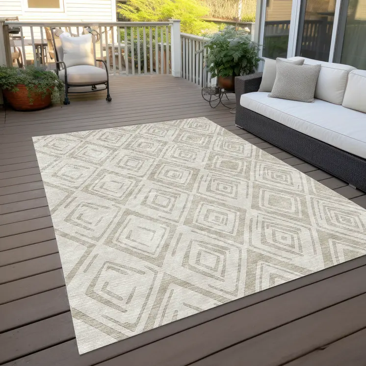 5' X 8' Beige And Ivory Geometric Washable Indoor Outdoor Area Rug