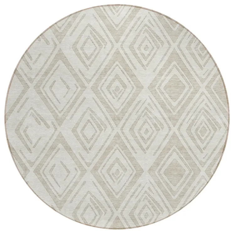 8' Beige And Ivory Round Geometric Washable Indoor Outdoor Area Rug