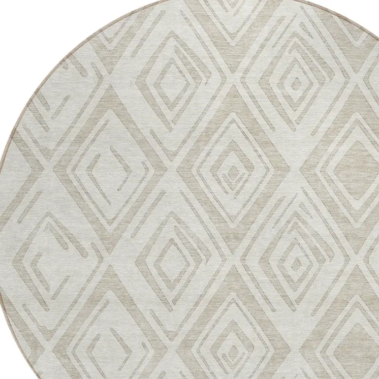 8' Beige And Ivory Round Geometric Washable Indoor Outdoor Area Rug