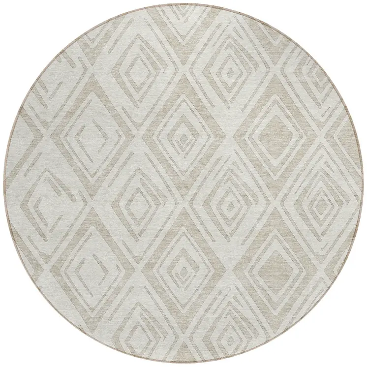8' Beige And Ivory Round Geometric Washable Indoor Outdoor Area Rug