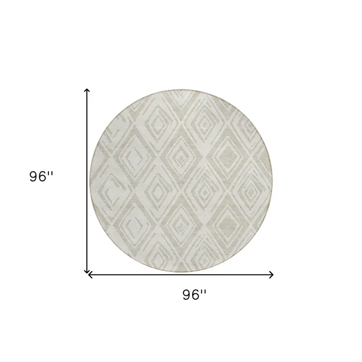 8' Beige And Ivory Round Geometric Washable Indoor Outdoor Area Rug
