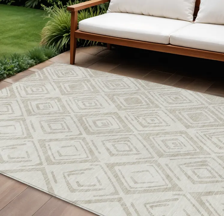 8' X 10' Beige And Ivory Geometric Washable Indoor Outdoor Area Rug