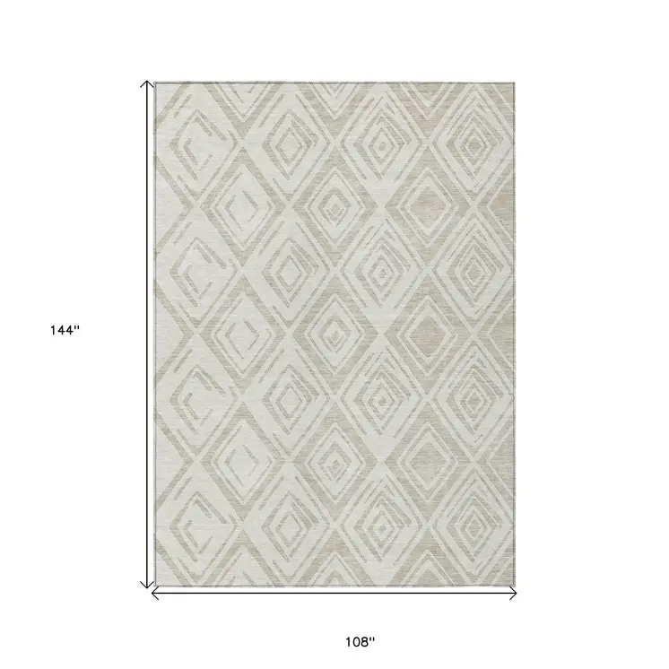9' X 12' Beige And Ivory Geometric Washable Indoor Outdoor Area Rug