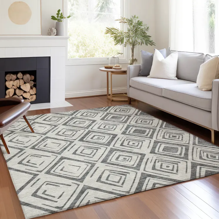 3' X 5' Gray And Ivory Geometric Washable Indoor Outdoor Area Rug