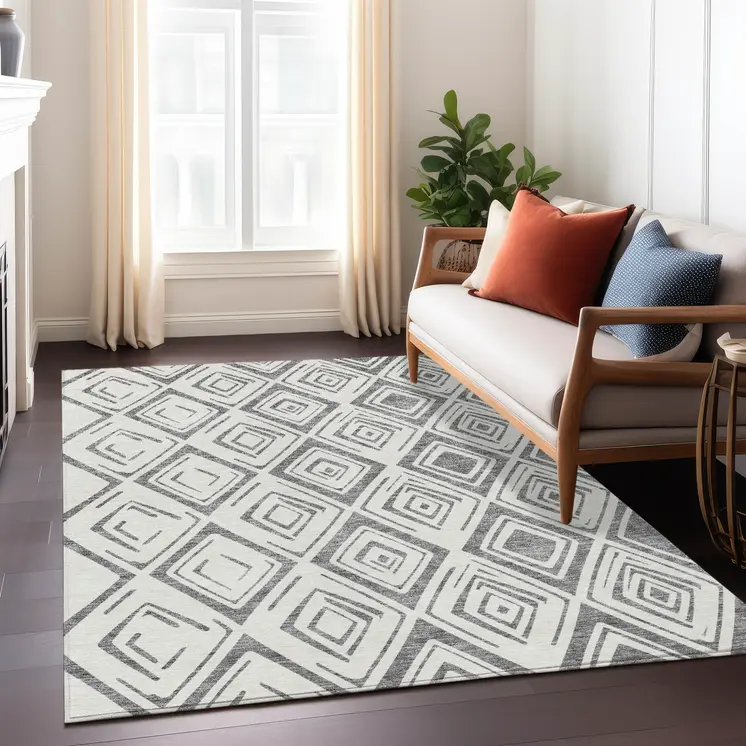 3' X 5' Gray And Ivory Geometric Washable Indoor Outdoor Area Rug